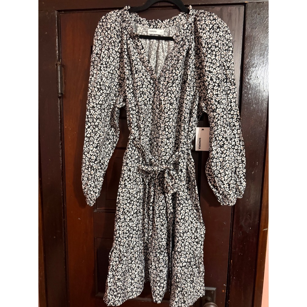 Sonoma Goods For Life Black White Floral Ruffle Neck Tie Waist Mini Dress Large
